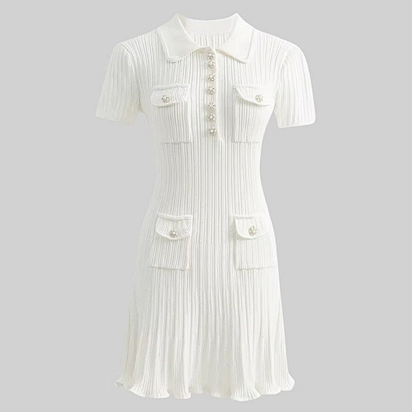Knit Collar Short Sleeve Ribbed Sparkling Dress, Rhinestone Pearl Buttons - Picture 2 of 12